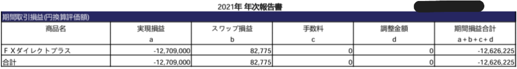FXトルコリラ投資による年間損失約1200万円の年次報告書の画像