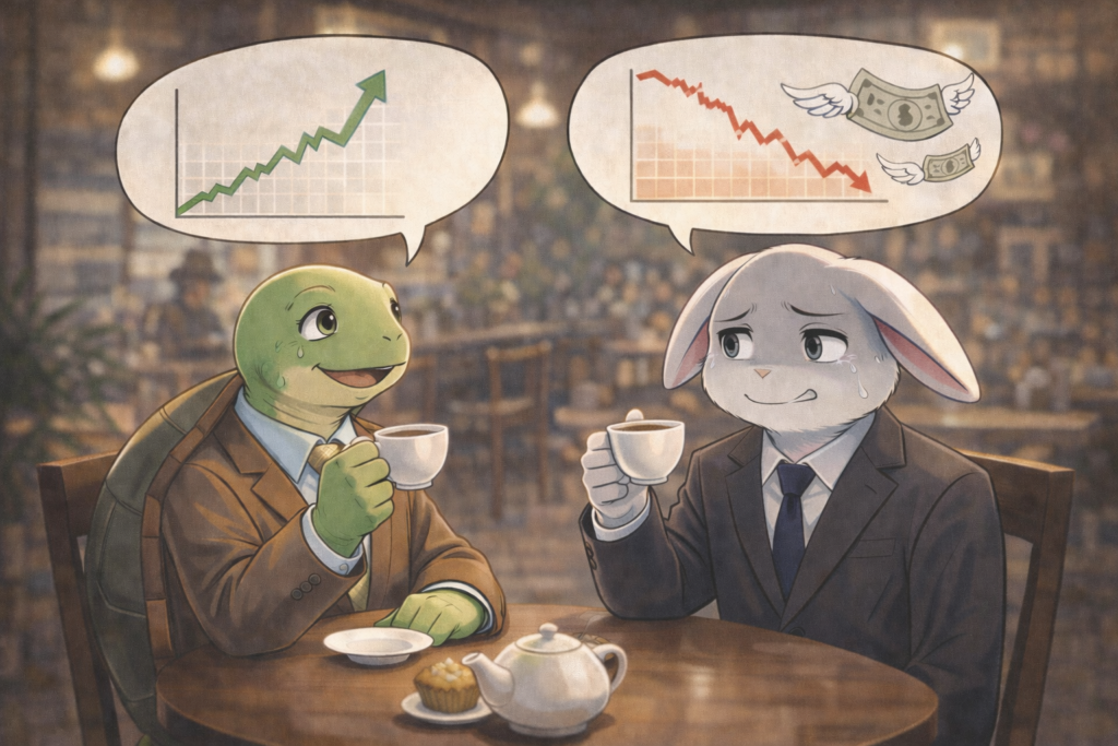 投資成績の差に複雑な感情を抱く個人投資家のイメージ