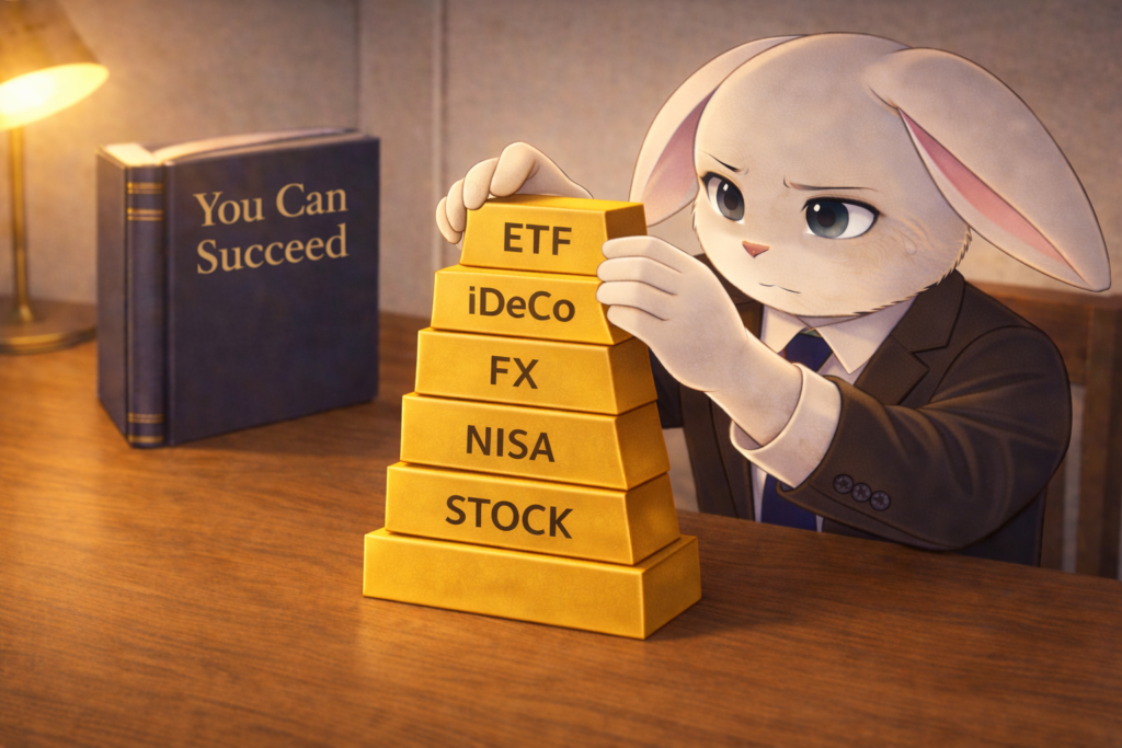 NISAやiDeCo、FXなどを組み合わせて資産設計を考えるウサギのイラスト