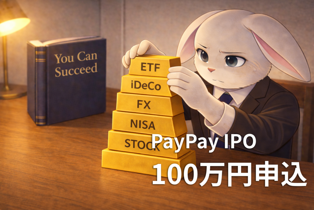 PayPay IPOに100万円申し込んだ体験を表すアイキャッチ画像。スーツ姿のウサギがETF・iDeCo・FX・NISA・株式の積み木を積み上げている様子。